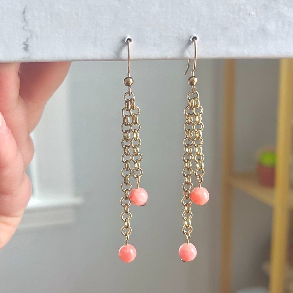 Pink Marbled Bead Gold Chain Double Chandelier Earrings